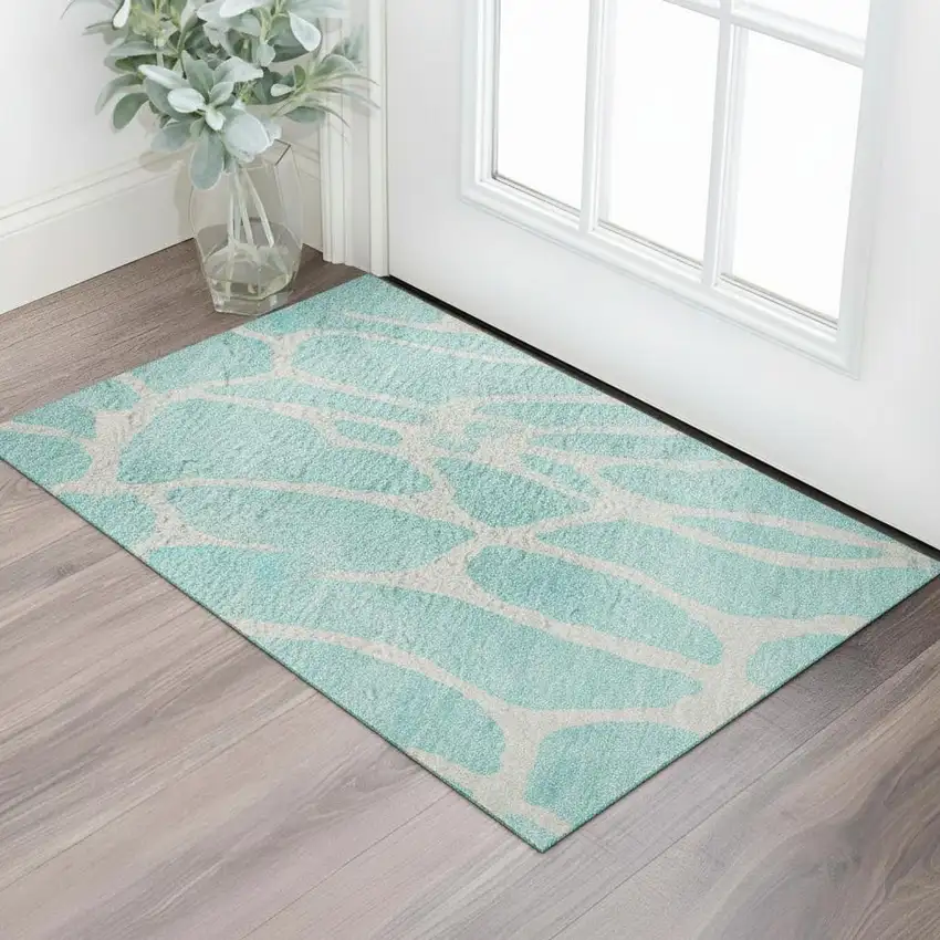 Aqua And Ivory Geometric Washable Area Rug With UV Protection Photo 2