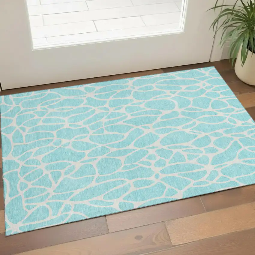Aqua And Ivory Geometric Washable Area Rug With UV Protection Photo 1