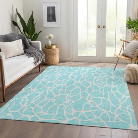 Aqua And Ivory Geometric Washable Area Rug With UV Protection Photo 4