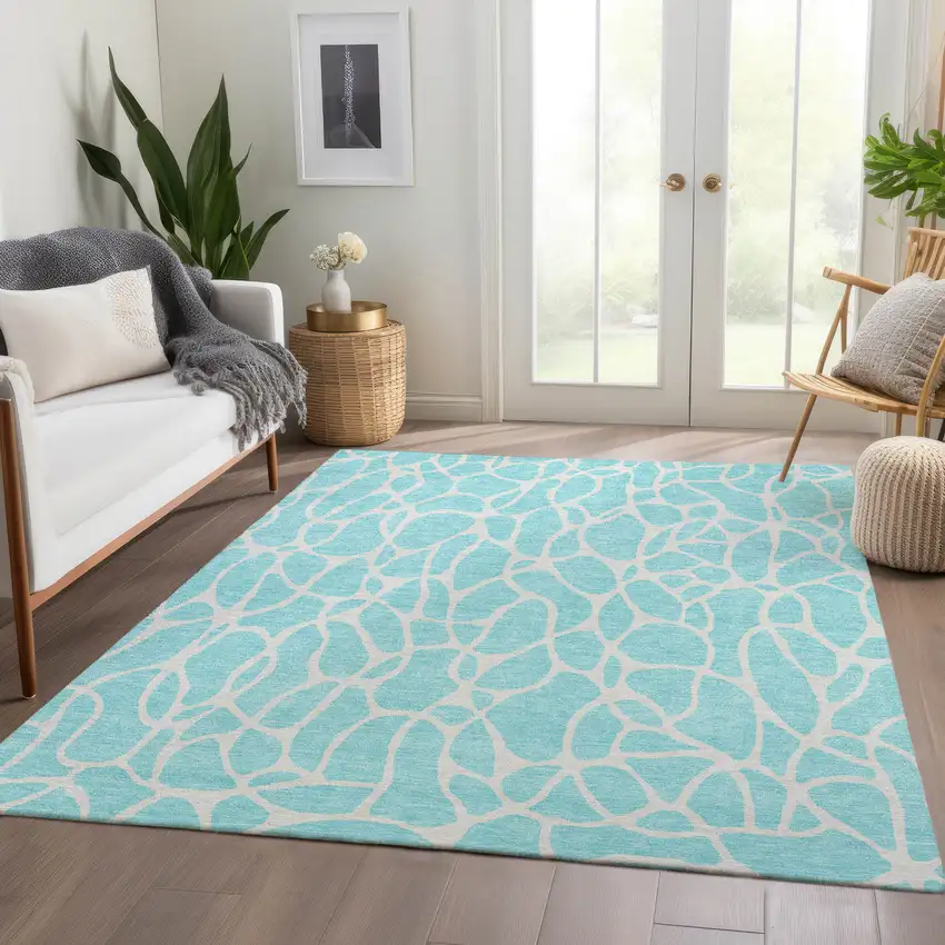 Aqua And Ivory Geometric Washable Area Rug With UV Protection Photo 4