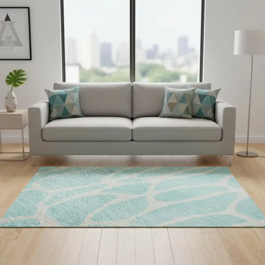 Aqua And Ivory Geometric Washable Area Rug With UV Protection Photo 2