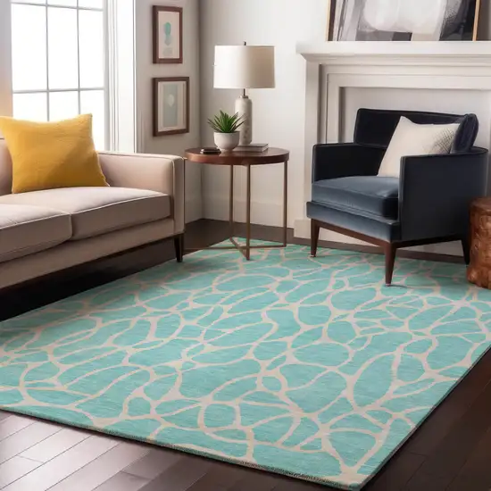 Aqua And Ivory Geometric Washable Area Rug With UV Protection Photo 4