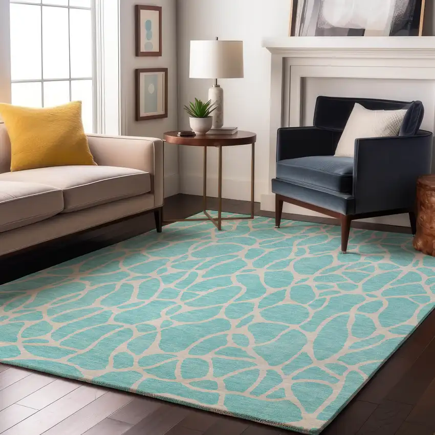 Aqua And Ivory Geometric Washable Area Rug With UV Protection Photo 4