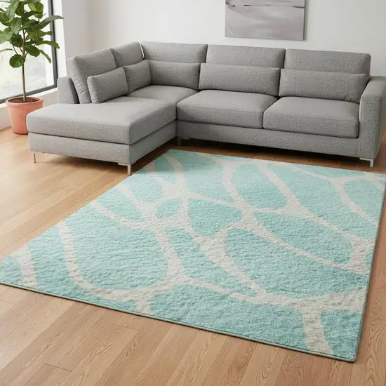 Aqua And Ivory Geometric Washable Area Rug With UV Protection Photo 2