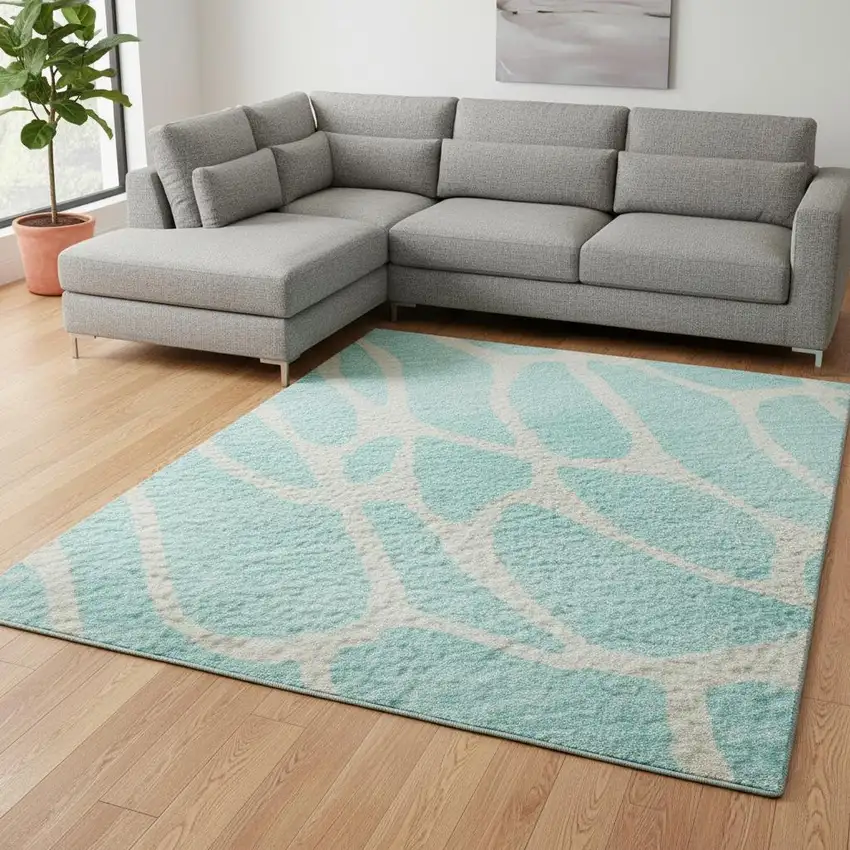 Aqua And Ivory Geometric Washable Area Rug With UV Protection Photo 2