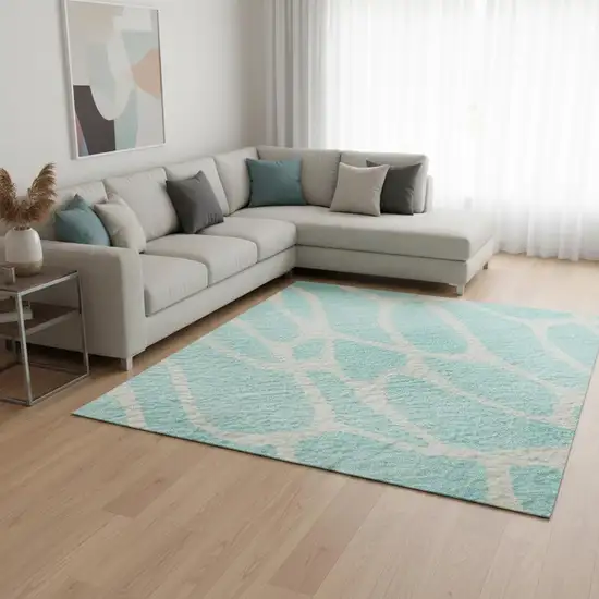 Aqua And Ivory Geometric Washable Area Rug With UV Protection Photo 2