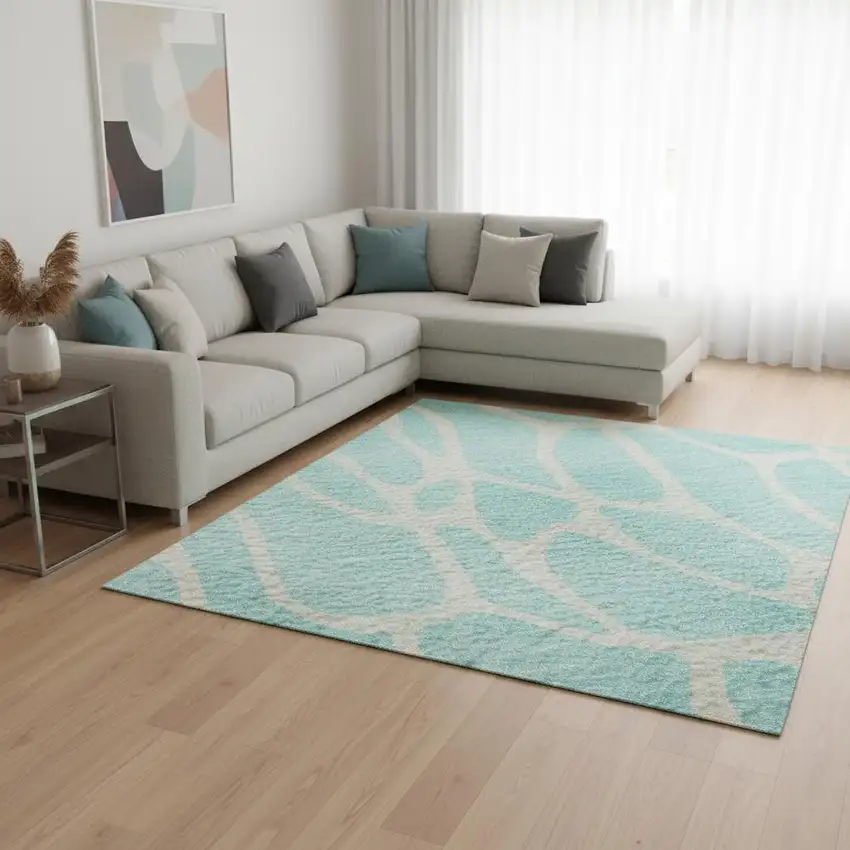 Aqua And Ivory Geometric Washable Area Rug With UV Protection Photo 2