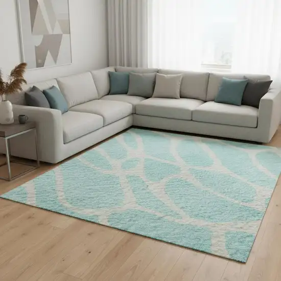 Aqua And Ivory Geometric Washable Area Rug With UV Protection Photo 2