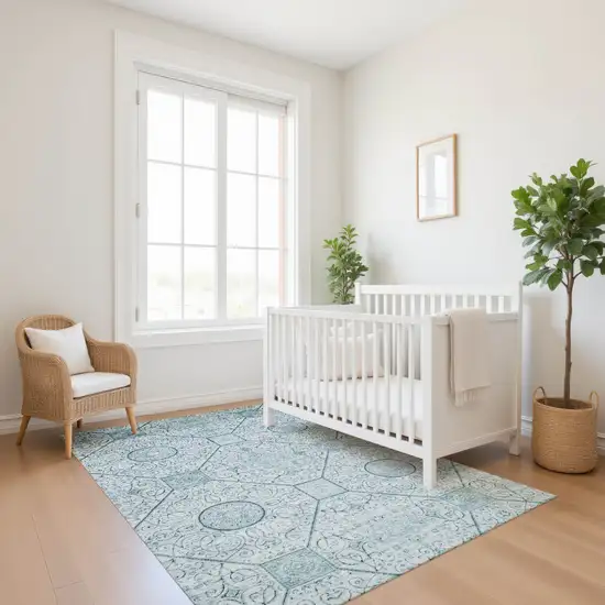 Aqua And Ivory Geometric Washable Area Rug With UV Protection Photo 5