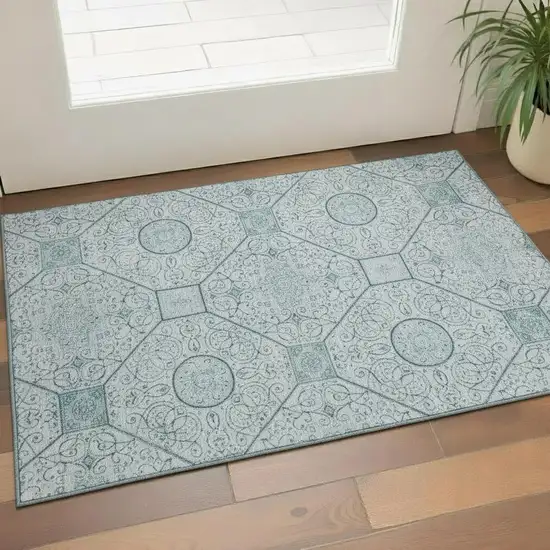Aqua And Ivory Geometric Washable Area Rug With UV Protection Photo 2