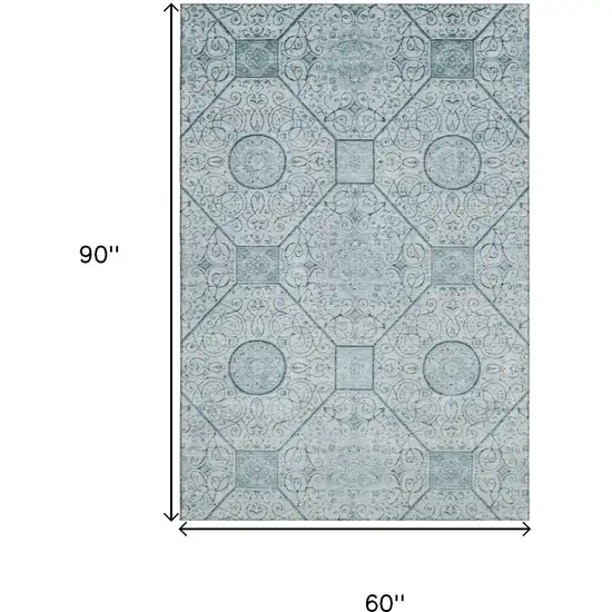 Aqua And Ivory Geometric Washable Area Rug With UV Protection Photo 9