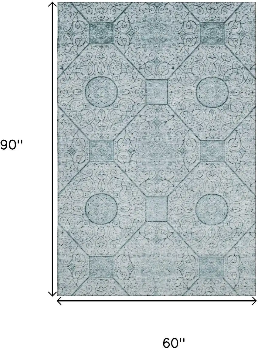 Aqua And Ivory Geometric Washable Area Rug With UV Protection Photo 9