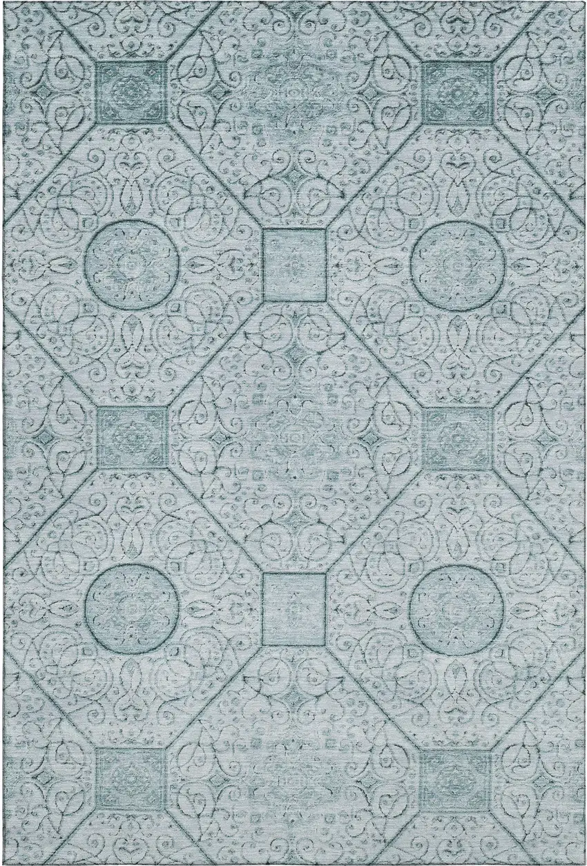 Aqua And Ivory Geometric Washable Area Rug With UV Protection Photo 1
