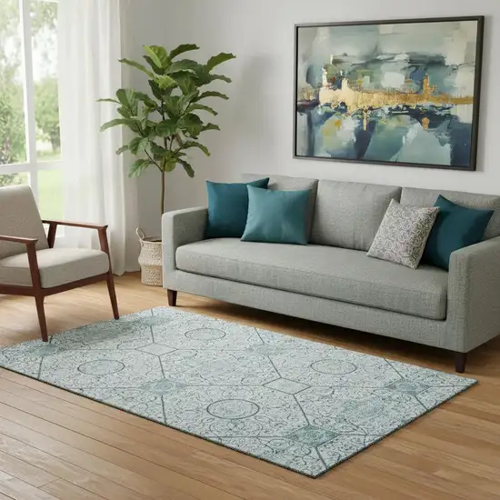 Aqua And Ivory Geometric Washable Area Rug With UV Protection Photo 2