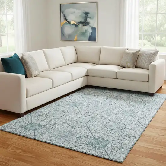 Aqua And Ivory Geometric Washable Area Rug With UV Protection Photo 2