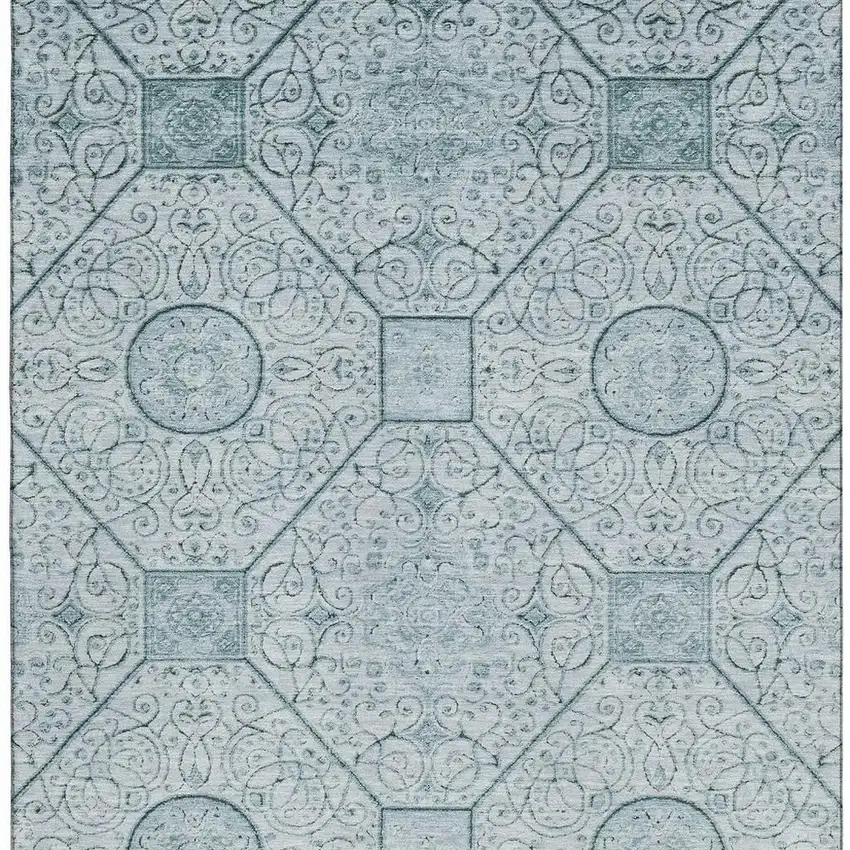 Aqua And Ivory Geometric Washable Area Rug With UV Protection Photo 3