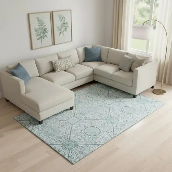 Aqua And Ivory Geometric Washable Area Rug With UV Protection Photo 2