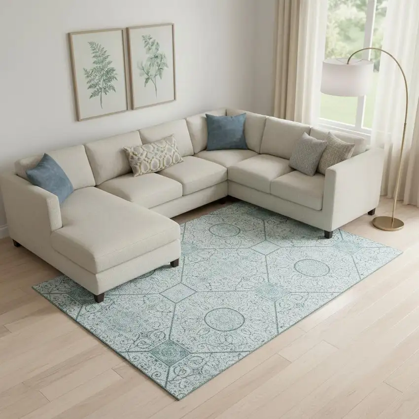 Aqua And Ivory Geometric Washable Area Rug With UV Protection Photo 2