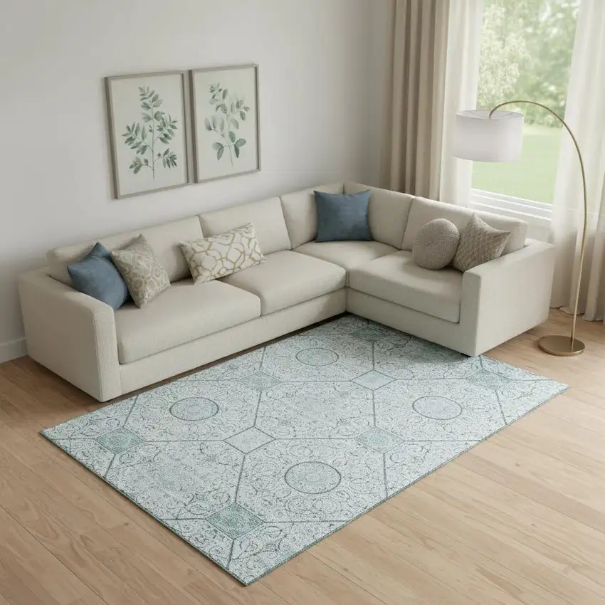 Aqua And Ivory Geometric Washable Area Rug With UV Protection Photo 2