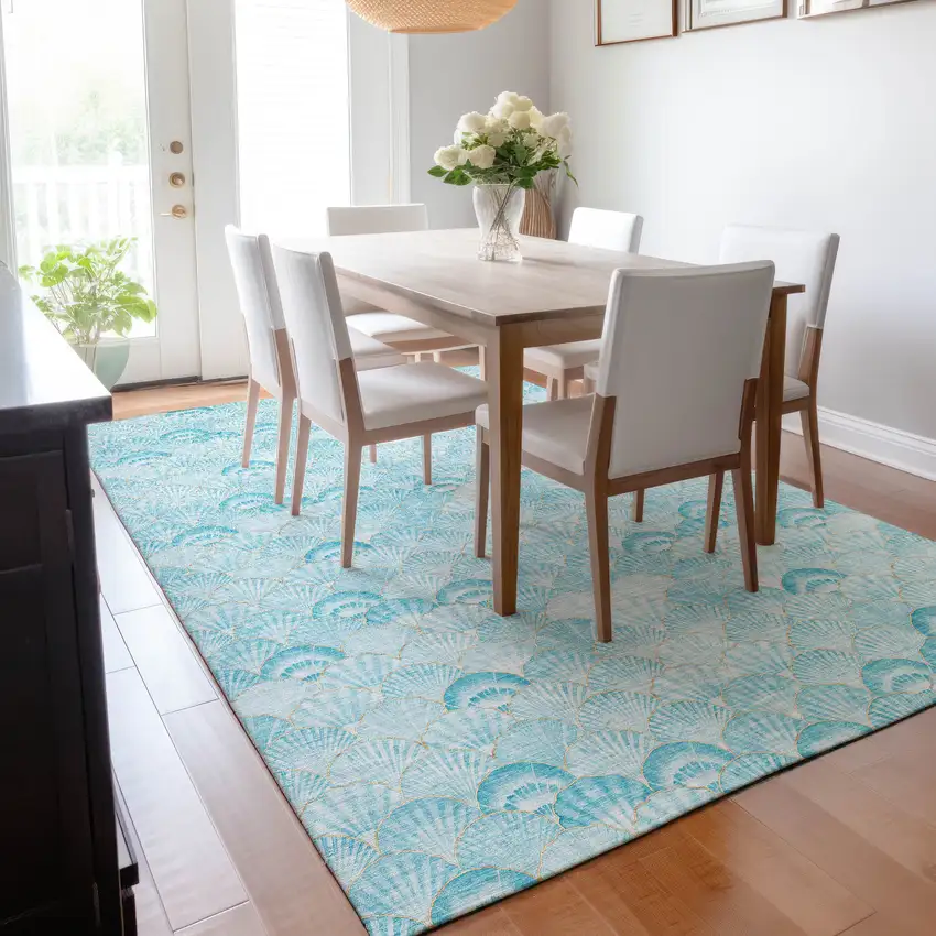 Aqua And Ivory Geometric Washable Area Rug With UV Protection Photo 5