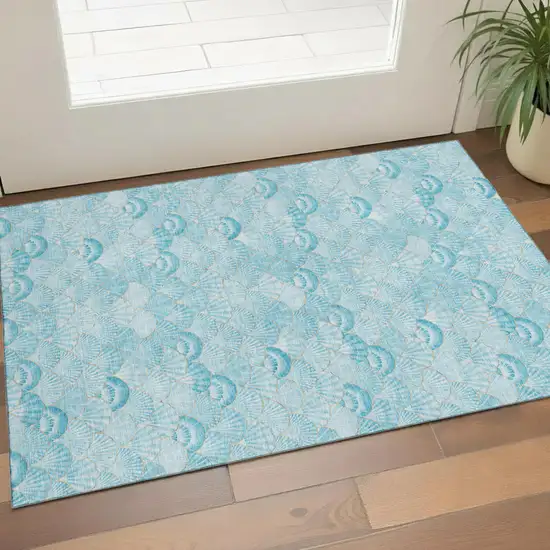 Aqua And Ivory Geometric Washable Area Rug With UV Protection Photo 1