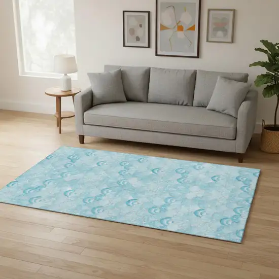 Aqua And Ivory Geometric Washable Area Rug With UV Protection Photo 9