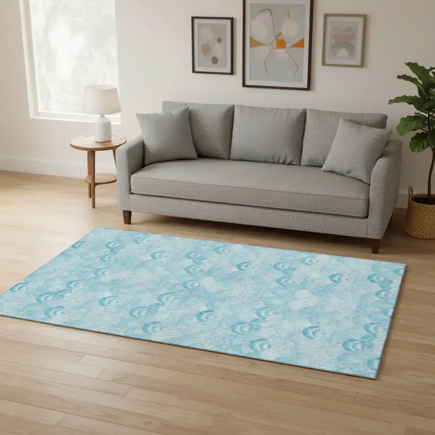 Aqua And Ivory Geometric Washable Area Rug With UV Protection Photo 9