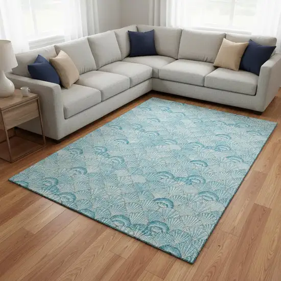 Aqua And Ivory Geometric Washable Area Rug With UV Protection Photo 1