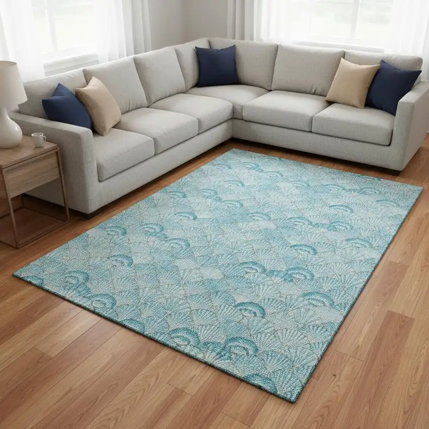 Aqua And Ivory Geometric Washable Area Rug With UV Protection Photo 1