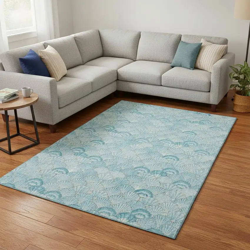 Aqua And Ivory Geometric Washable Area Rug With UV Protection Photo 1