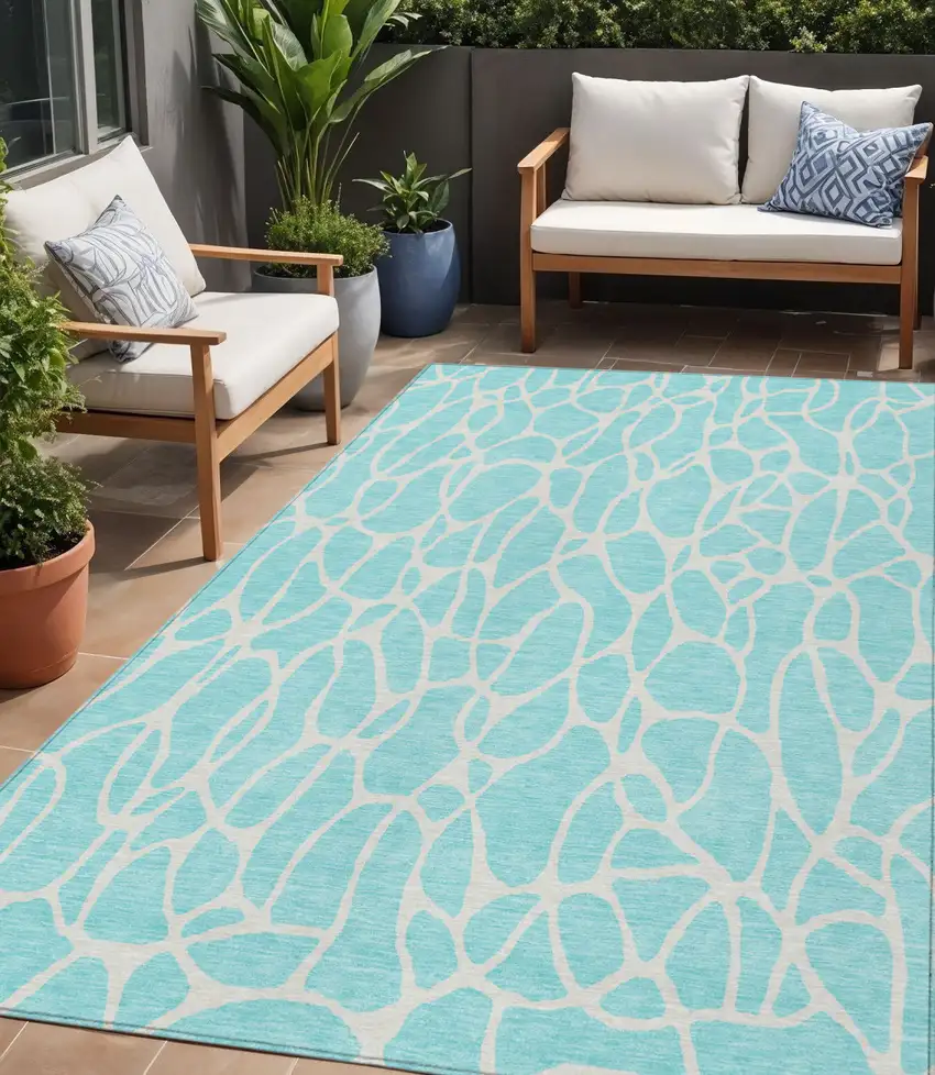 Aqua And Ivory Geometric Washable Indoor Outdoor Area Rug Photo 1