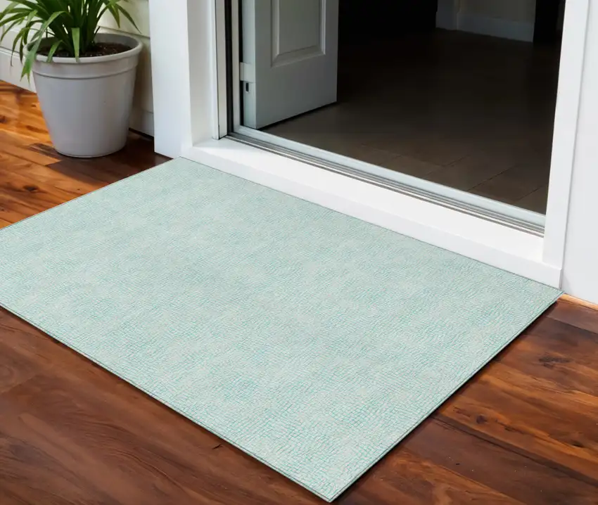 Aqua And Ivory Geometric Washable Indoor Outdoor Area Rug Photo 1