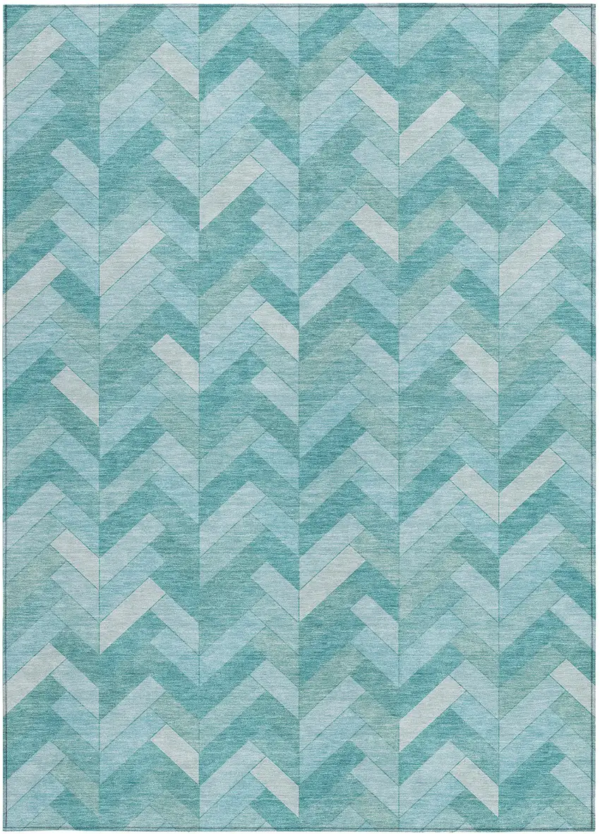 Aqua And Ivory Geometric Washable Indoor Outdoor Area Rug Photo 4