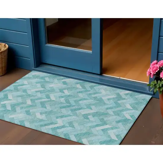 Aqua And Ivory Geometric Washable Indoor Outdoor Area Rug Photo 1