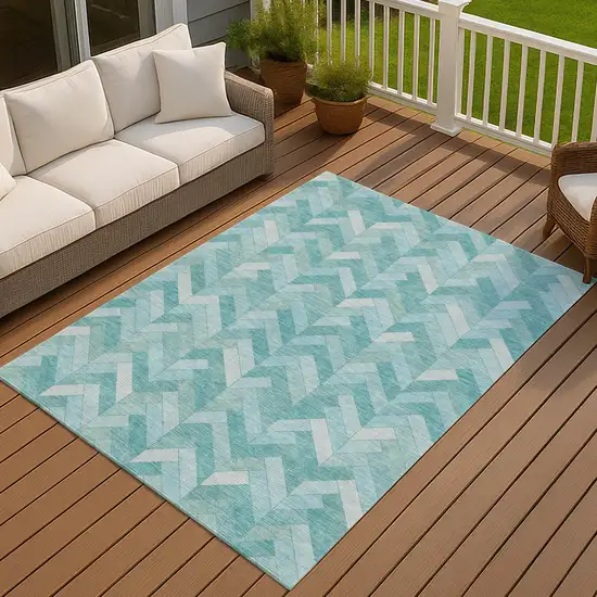 Aqua And Ivory Geometric Washable Indoor Outdoor Area Rug Photo 8