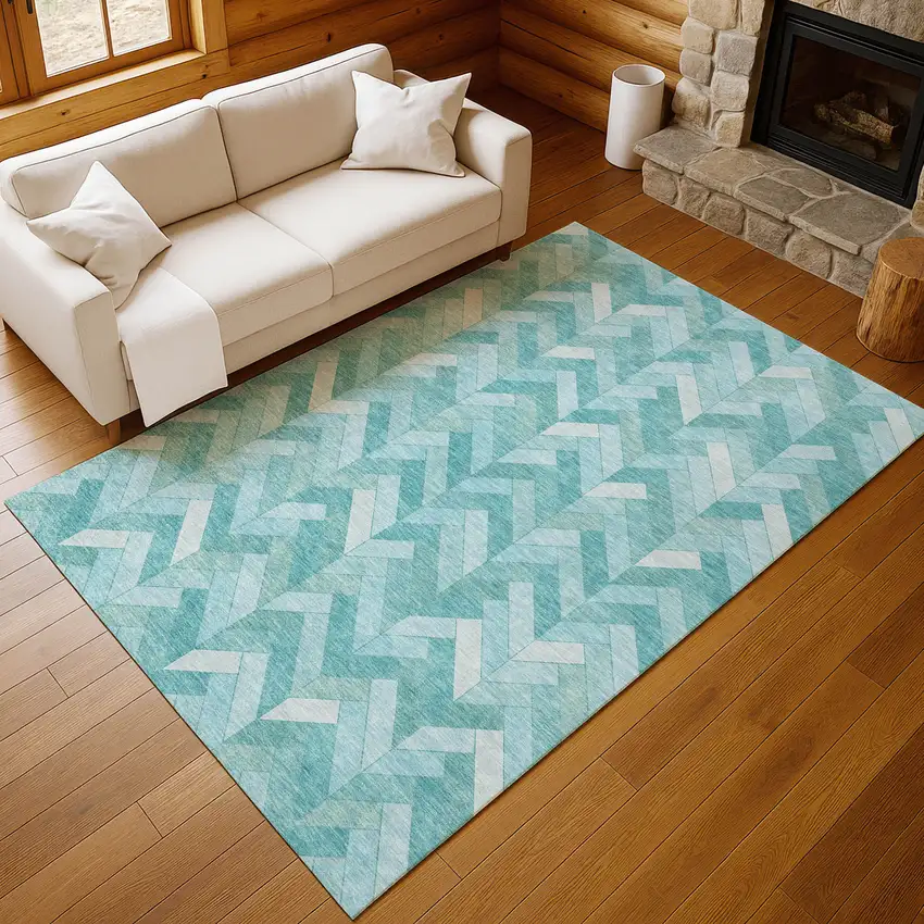 Aqua And Ivory Geometric Washable Indoor Outdoor Area Rug Photo 9