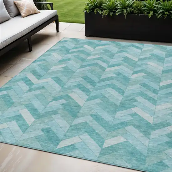 Aqua And Ivory Geometric Washable Indoor Outdoor Area Rug Photo 1