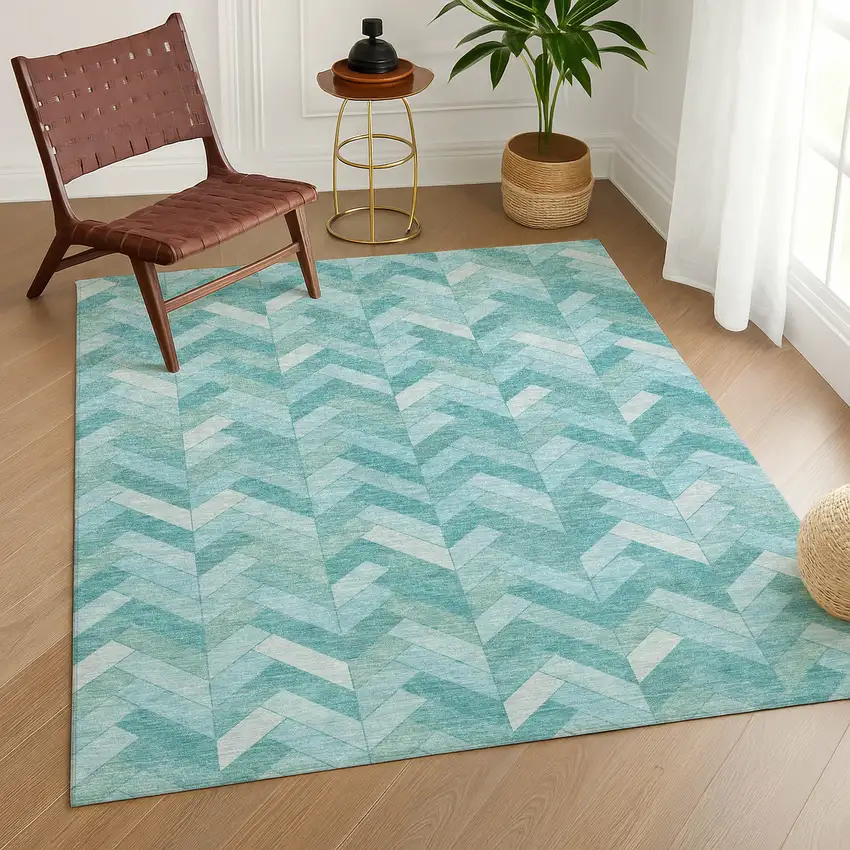 Aqua And Ivory Geometric Washable Indoor Outdoor Area Rug Photo 9