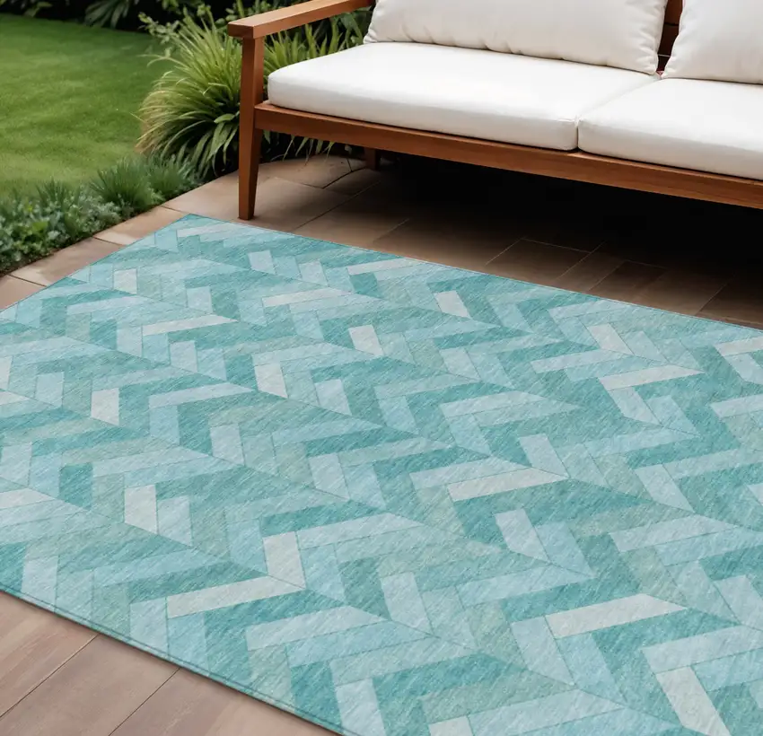 Aqua And Ivory Geometric Washable Indoor Outdoor Area Rug Photo 1