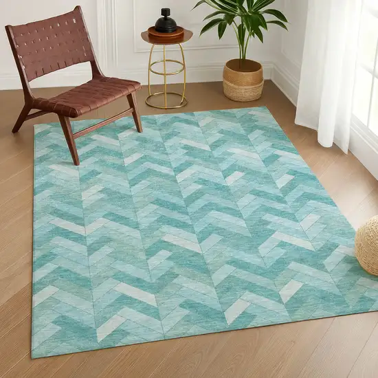 Aqua And Ivory Geometric Washable Indoor Outdoor Area Rug Photo 9