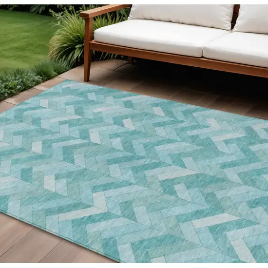 Aqua And Ivory Geometric Washable Indoor Outdoor Area Rug Photo 1