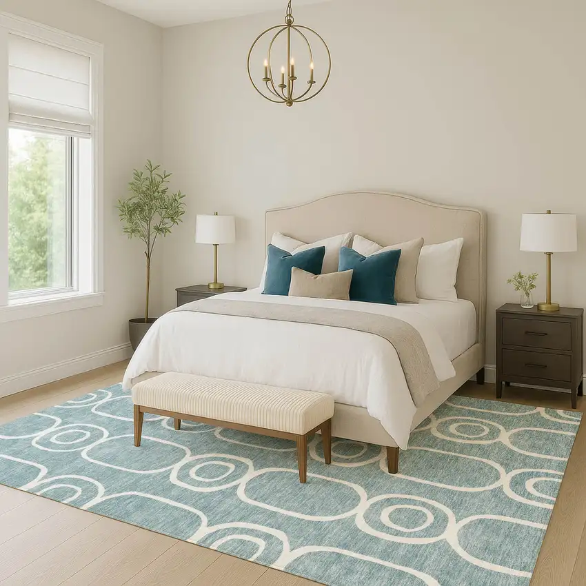 Aqua And Ivory Geometric Washable Indoor Outdoor Area Rug Photo 8