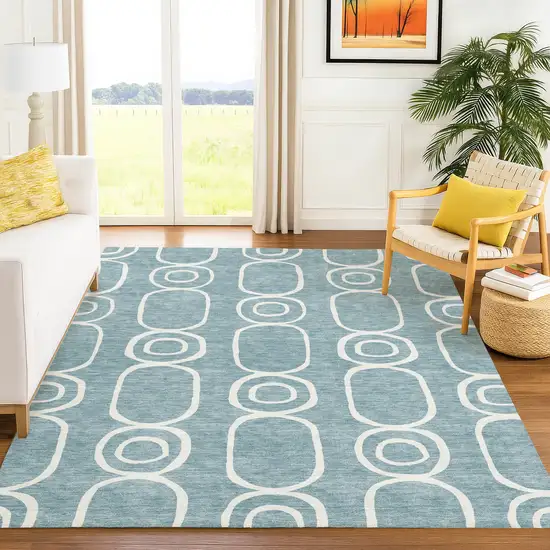 Aqua And Ivory Geometric Washable Indoor Outdoor Area Rug Photo 9