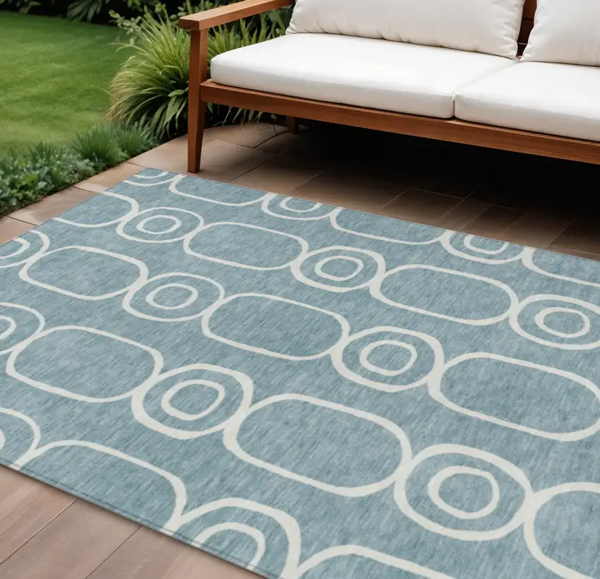 Aqua And Ivory Geometric Washable Indoor Outdoor Area Rug Photo 1