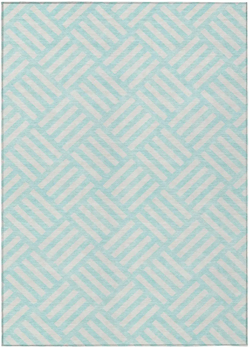 Aqua And Ivory Geometric Washable Indoor Outdoor Area Rug Photo 2