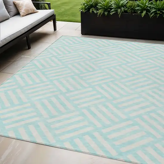 Aqua And Ivory Geometric Washable Indoor Outdoor Area Rug Photo 1