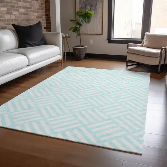 Aqua And Ivory Geometric Washable Indoor Outdoor Area Rug Photo 8