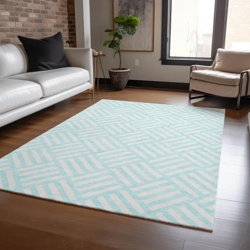 Aqua And Ivory Geometric Washable Indoor Outdoor Area Rug Photo 8