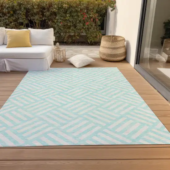 Aqua And Ivory Geometric Washable Indoor Outdoor Area Rug Photo 7