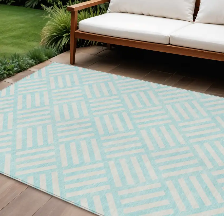 Aqua And Ivory Geometric Washable Indoor Outdoor Area Rug Photo 1